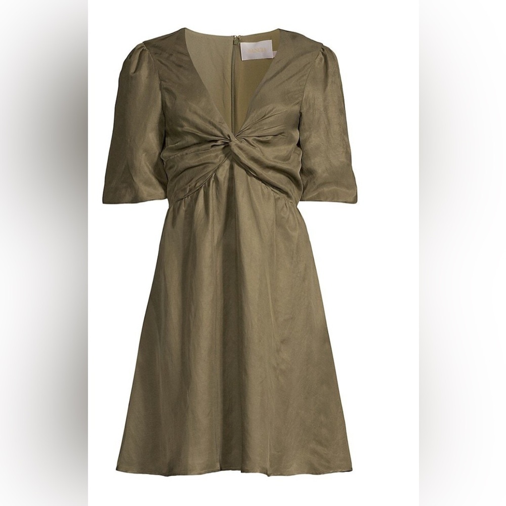 NEW Green Sancia Mini Dress with Balloon Elbow Sleeves Twist Front NWT